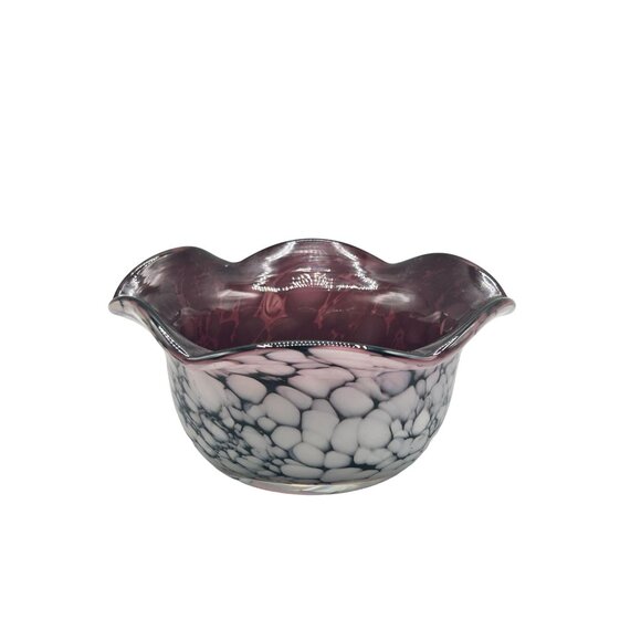 Art Glass Ruffled Edge Bowl Purple White Handmade Candle Holder Trinket Dish - Picture 1 of 10